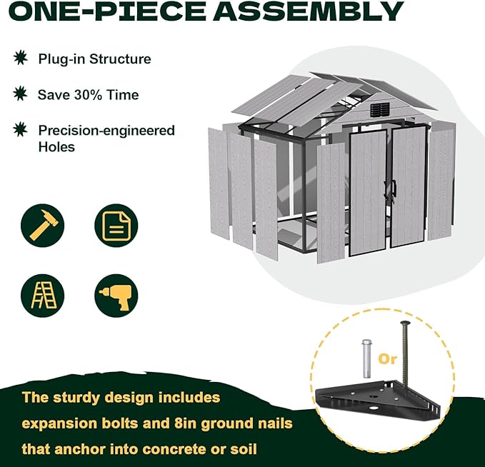 MELLCOM 8 x 6 FT Outdoor Plastic Garden Storage Shed with Floor, Resin Tool Storage Shed with Windows and Lockable Door for Patio, Lawnmower, Pool Supply, Bike