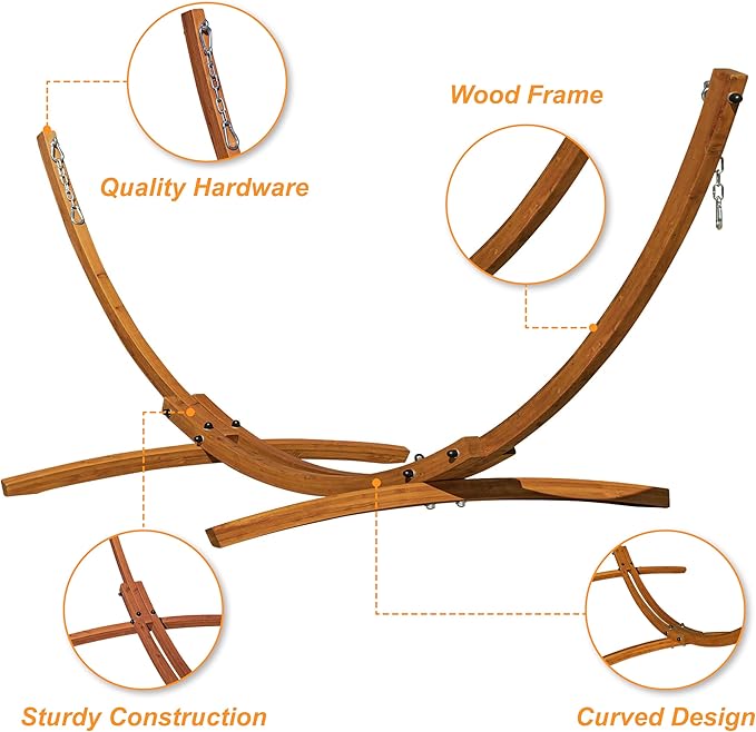 Lazy Daze Hammocks Cotton Fabric Spreader Bar Hammock and 10.5 Ft Wood Arc Hammock Stand Combo, for Indoor, Outdoor, Patio, Backyard, Blue and White