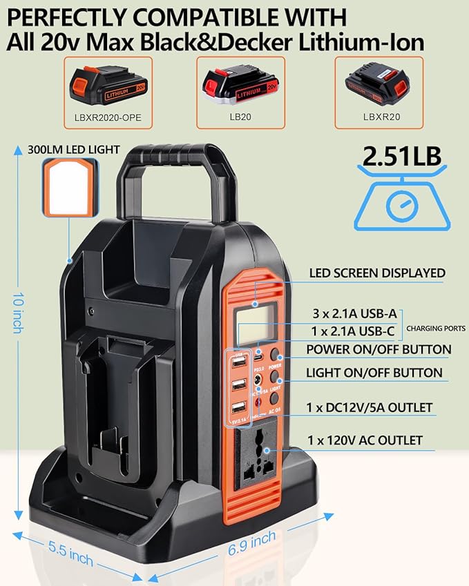 350W Power Inverter for Black+Decker 20V Battery, 2-Ports DC 20V to AC 110-120V Pure Sine Wave Battery Inverter with 3 USB-A Port, 1 USB-C Port,300lm LED Light for Camping Travel Emergency(Tool Only)