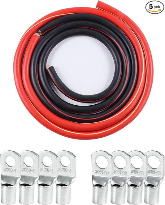 2 Gauge Battery Power Cable (2 Feet Black, 2 Feet Red) - 2 AWG Copper Clad Welding Wire with M8 & M10 SC Connector Lugs for Car, Camper, RV, Solar Low Voltage Wiring