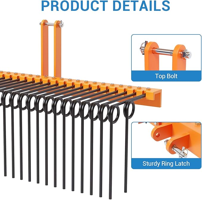 72" Durable Powder Coated, Steel Pine Grass Rake, Steel Spring Landscape Rake, Cat 0 Cat 1 Attaches to Tractor, 3-Point Hitch, Black + Orange