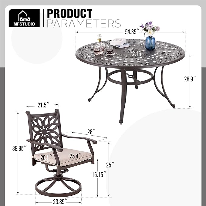 MFSTUDIO Retro Cast Aluminum Patio Dining Set with 6 Swivel & Rock Chair and 1 54" Round Outdoor Dining Table, Outdoor Table and Chairs Set of 6