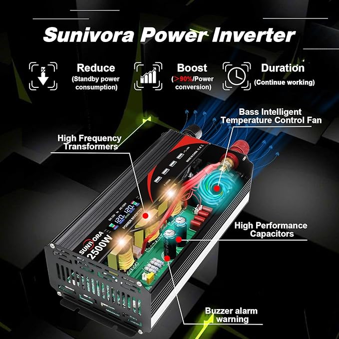 2500 Watt Inverter with LCD Display & Remote Control 12V DC to 110V/120V AC Converter Peak Power 5000W Car Inverter with 4 Sockets & 4 USB Ports for RV Truck Camping Off-Grid Solar System