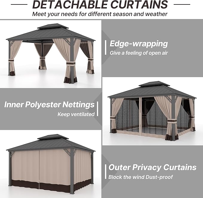 Gotland 12' x 14' Khaki Hardtop Gazebo with Curtains and Netting, Double Roof Iron Metal Pergola for Patio, Garden, Lawn