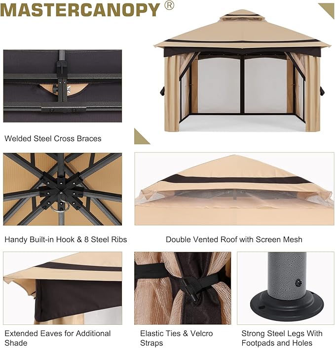 MASTERCANOPY 10x10FT Outdoor Patio Gazebo with Mosquito Netting for Backyard, Patio, Garden Beige