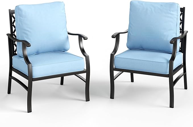 Patio Chairs Set of 2, High Back Outdoor Patio Metal Leg Chairs with 5.75" Thick Cushions for Bistro Balcony Porch Deck and Yard, Blue