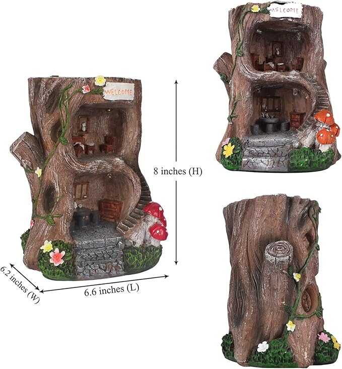 QWEWQE Tree House Solar Statue Outdoor Garden Statue with Solar Lights Fairy Tree House Indoor Outdoor Art Decoration Sculpture Lawn Ornaments for Patio Yard Outside Decorations