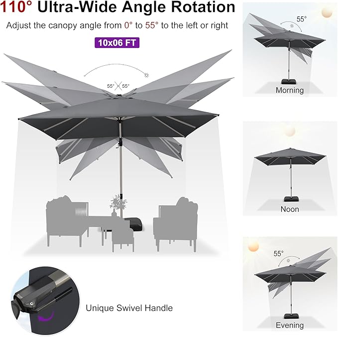 PURPLE LEAF 10' X 6.5' Left-right Tilting Patio Umbrella Outdoor Swivel Cantilever Umbrella Aluminum Offset Umbrella with Champagne Frame and 360-degree Rotation for Garden Deck Pool, Grey