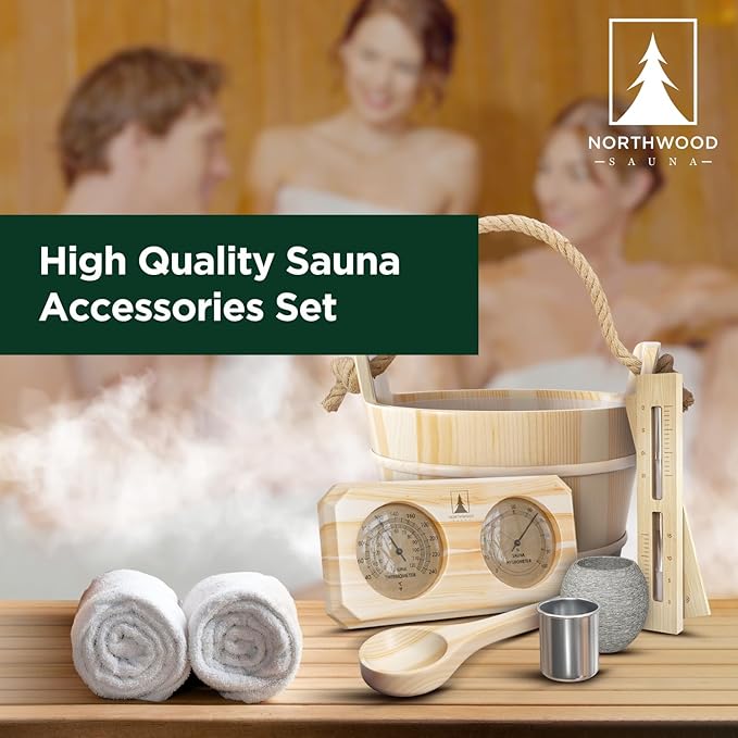 Sauna Accessories Kit - Handmade from Finnish Pine Wood - Core Set (Bucket & Ladle, Thermometer & Hygrometer, Sand Timer, Aromatherapy Cup)