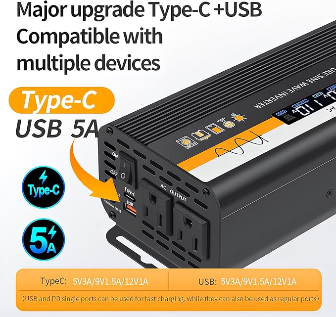 500W Pure Sine Wave Inverter (1000W Peak), 12V/24V Auto-Detect, 50Hz/60Hz Switchable, LCD Display, Type-C Fast Charging, Silent Design, Overload & Overheat Protection for RV, Home (Black-500W)