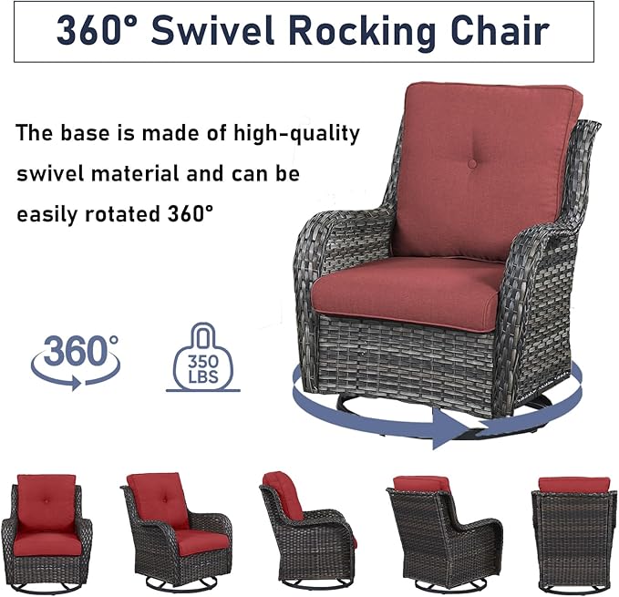 Luxury Wicker Swivel Patio Chairs Set of 3, Outdoor Swivel Rocking Chairs with Side Table, Outdoor Bistro Set for Patio, Porch, Yard, Deck, Poolside, Grey/Red