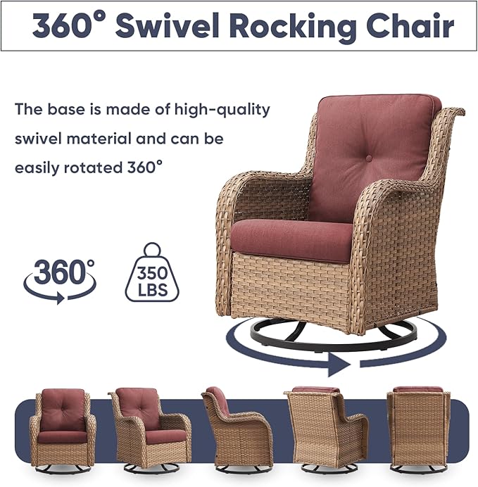 Luxury Wicker Swivel Patio Chairs Set of 3, Outdoor Swivel Rocking Chairs with Side Table, Outdoor Bistro Set for Patio, Porch, Yard, Deck, Poolside, Yellow/Red