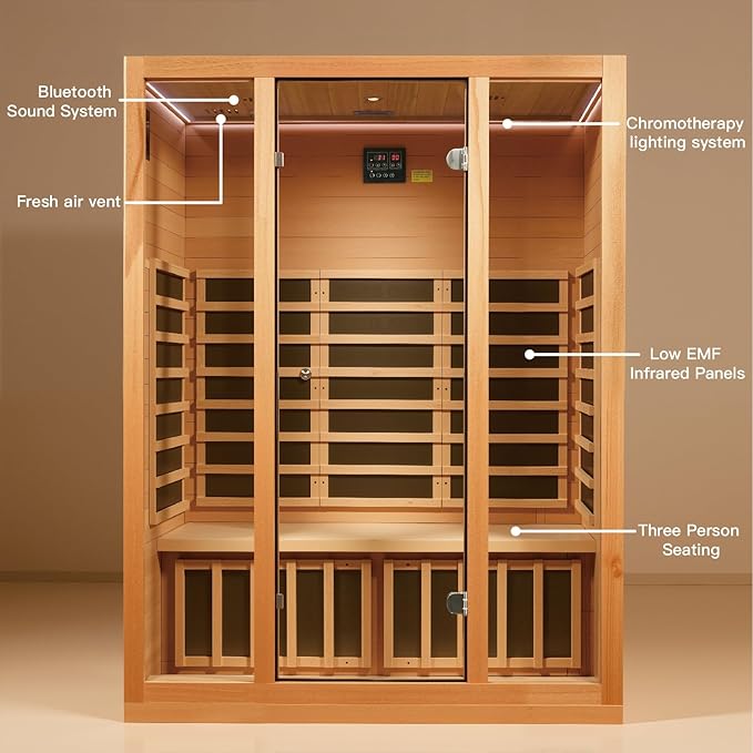 3 Person Infrared Sauna for Home, 1960W/120V, Low EMF Infrared Heater Panels, Chromotherapy Lighting, Personal Home Sauna for Family Relaxation, 59.06" x 35.43" x 74.8"