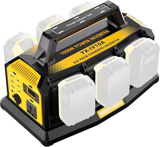1000W Power Inverter for Dewalt 20V Battery,Compatible Battery Charger of 6 Ports Each 6A,20V to 110V Pure Sine Wave Inverter with 3 USB-A/Type-C/DC Port, Light,Cigarette Lighter Socket for Emergency