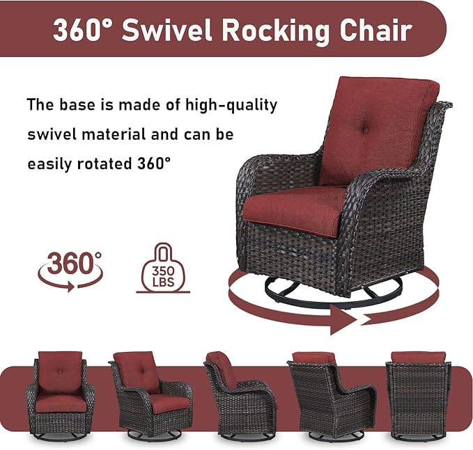 Wicker Outdoor Conversation Set-6 Pieces Outdoor Wicker High Back Couch with Swivel Rocker Chairs Patio Furniture for Deck Poolside Backyard-Brown/Red