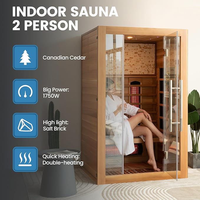 Full Spectrum Infrared Sauna, 2 Person Home Sauna 120V 1750W, Indoor Dry Sauna with Himalayan Salt Panel and LCD Touch Control Panel