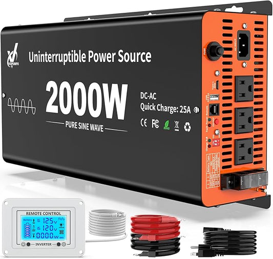 2000 Watt Sump Pump Battery Backup System, Pure Sine Wave Output, Professional Backup System in The Event of a Power Outage, Remote Controller with LCD Screen, Automatic Grid and Battery Switchover