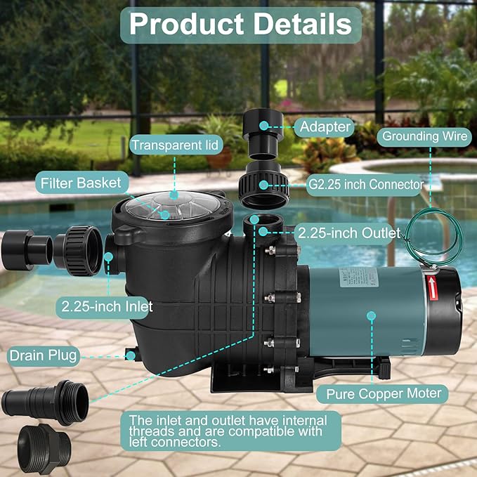 2 HP Pool Pump 110 V/220 V Swimming Pool Pump 6840 GPH In/Above Ground Pool Pumps 1500 W Powerful Self Primming Pump for Residential/Commercial Pool, Spas and Hot Tubs, Landscape Fountain