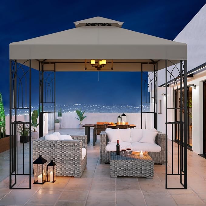 COOS BAY 8x8 Outdoor Patio Gazebo with Corner Shelves, Two-Tier Soft Top Canopy for Backyard, Lawn, Deck and Garden, Beige