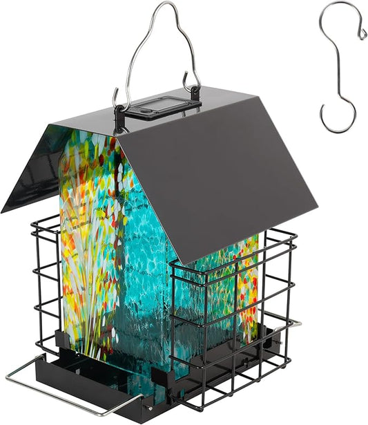 LUJII Solar Bird Feeder for Outdoor Hanging, 2 Suet Cake Cages, Hand-Blown Glass Container, Metal Roof, All-Weather Design for Woodpeckers, Teal