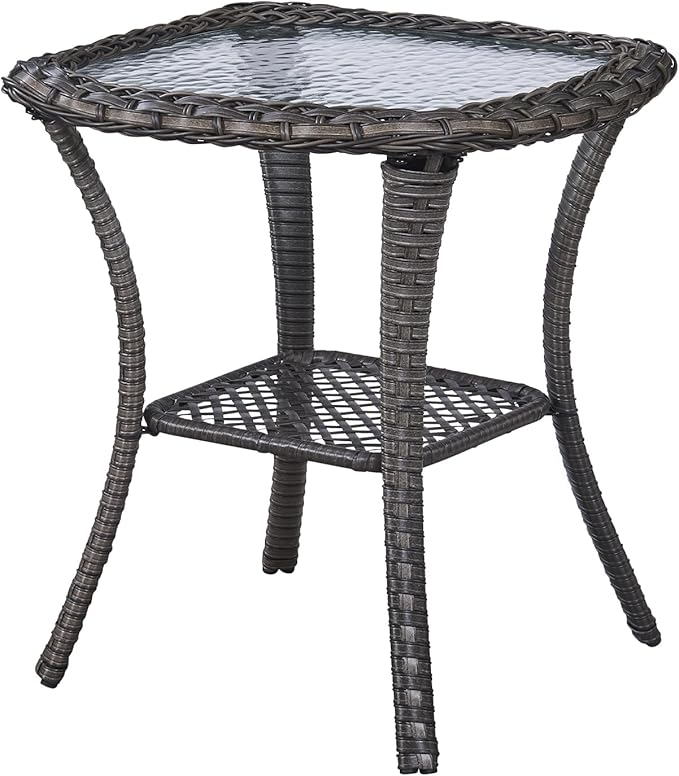 Outdoor Side Tables for Patio, Wicker/Rattan End Tables, Outdoor Wicker Side Table, Grey Rattan Glass Top Patio Side Table