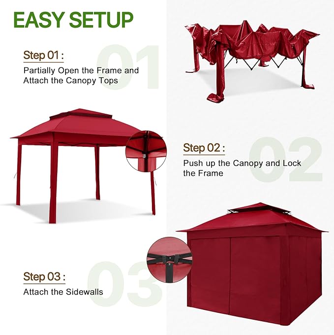 COOS BAY 11x11 Pop-up Instant Gazebo Tent with 4 Sidewalls Outdoor Canopy Shelter with Carry Bag, Stakes and Ropes, Red