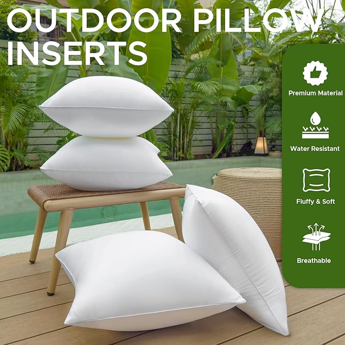 18 x 18 Outdoor Pillow Inserts Pack of 4 Patio Furniture Pillows Cushion Waterproof Square Throw Pillow Inserts Decorative Couch Pillow Inserts White Sofa Sham Cushion Stuffer