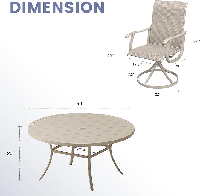 VICLLAX 7 Pieces Outdoor Dining Set, Patio Furniture Set of 6 Patio Swivel Dining Chairs and 50" Patio Round Table, Sandshell Chairs & Sandshell Tabletop