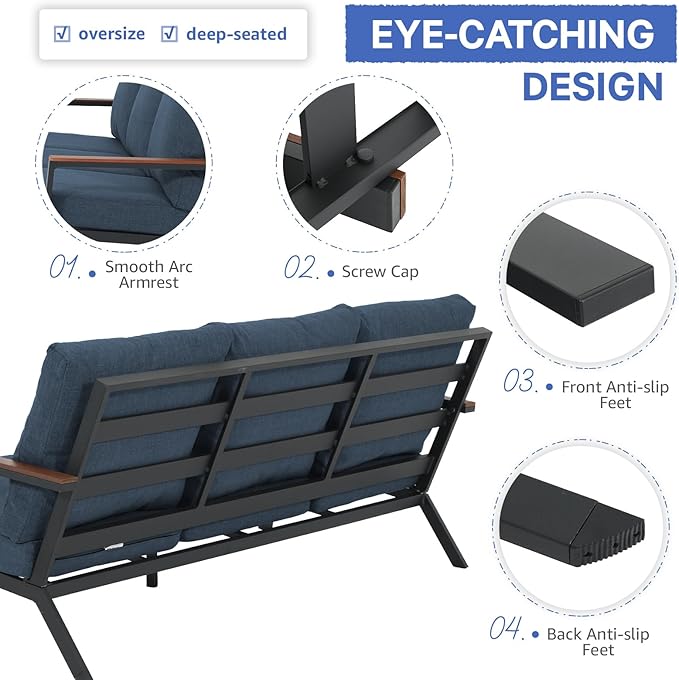Soleil Jardin Aluminum Patio Furniture 3-Seater Couch, Outdoor 3 Seats Sofa with FSC Certified Solid Wood Top, Outdoor Conversation Set 3 Seater Deep Seating w/Removable Cushion, Denim Blue
