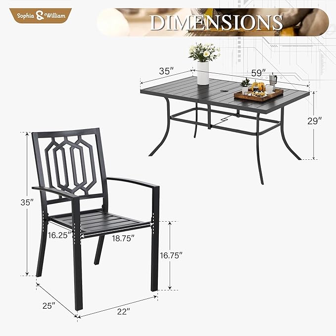 Sophia & William Patio Table and Chairs Set, Outdoor Dining Set for 6, 7 Piece Metal Patio Furniture, 60" Black Rectangular Table(Geometry)