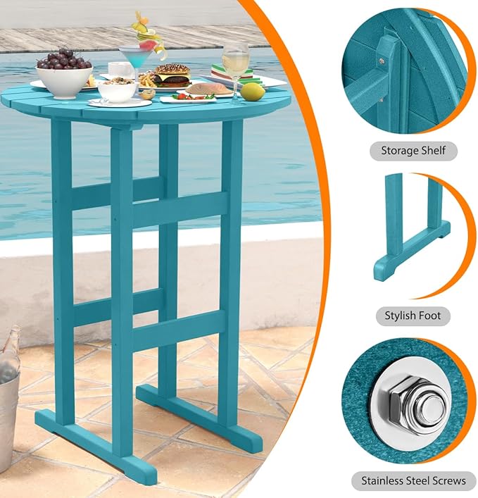 Sundale Outdoor Adirondack Round Bar Table, 39 Inch Height Patio Large Pub Table for 4, All Weather HDPE High Top Bistro Counter Tabl for Outside Deck Porch Balcony Poolside (Teal)