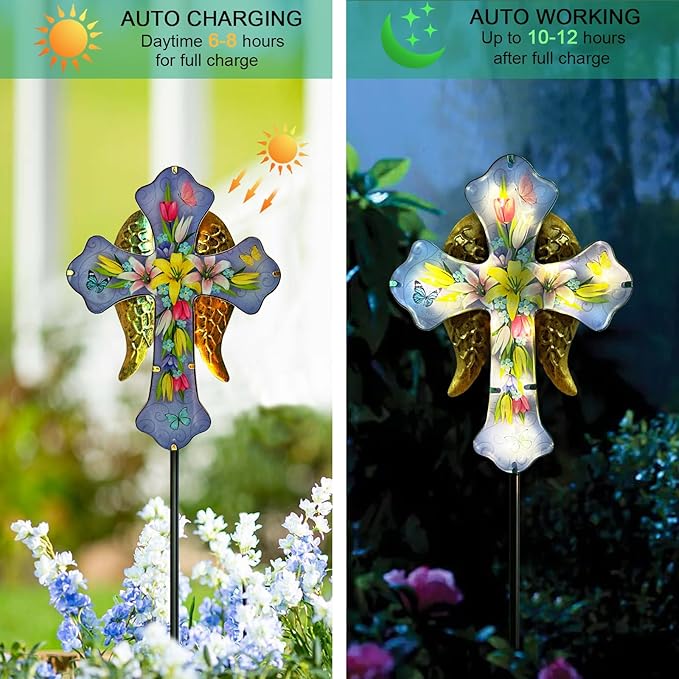 Solar Cross Garden Stake Lights,Metal Angel Wing & Acrylic Flowers Cross Solar Christmas Lights Outdoor,Waterproof Memorial Garden Decor for Cemetery,Grave,and Remembrance Gifts