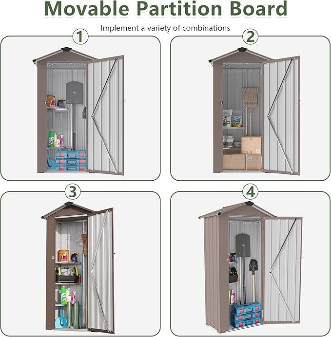 2.5x1.4 FT Mini Outdoor Storage Shed, Plastic Shed with Floor, Lockable Door, Adjustable Shelves & Sloping Roof, All-Weather Resin Shed for Garden, Backyard, Patio, Lawn (Brown)