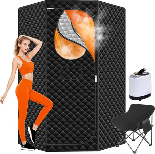 Portable Sauna for Home - Upgraded Personal Home Sauna Box with 3L 1300W Steamer, Big Folding Chair, 9 Levels Heat, Timer, Remote Control - Large Size Steam Room Saunas Tent for Relaxation & Spa Black