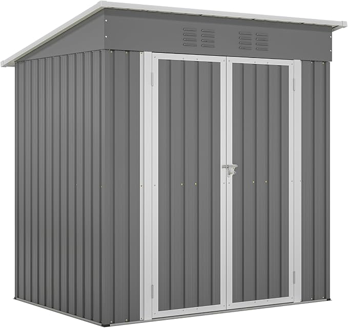 6x4 FT Outdoor Metal Storage Shed with Frame Floor & Sloping Roof, Lockable Double Door, Weatherproof Steel Garden Shed for Tools, Lawn Equipment & Patio Supplies