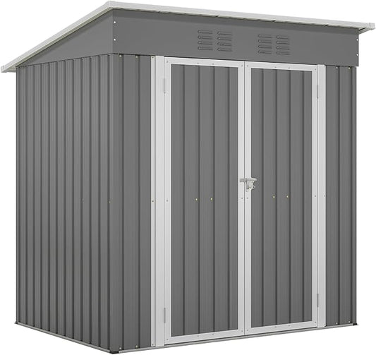 6x4 FT Outdoor Metal Storage Shed with Frame Floor & Sloping Roof, Lockable Double Door, Weatherproof Steel Garden Shed for Tools, Lawn Equipment & Patio Supplies
