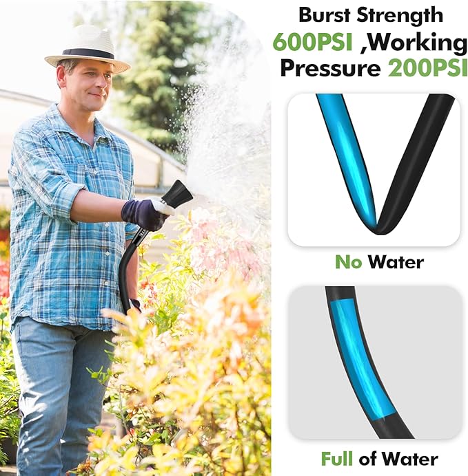 SPECILITE 3/4" Garden Hose 100 ft with High Flow Nozzle, Heavy Duty Flexible Hybrid Rubber Water Hose for Outdoor, Lightweight, Leak-Proof, No-Kink, 3/4"Brass Fittings,Black
