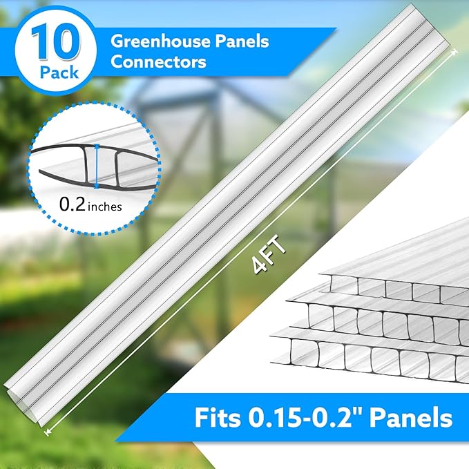 Polycarbonate Greenhouse Panel Connectors – 10 Packs, 4FT H Connectors Fits 4 or 6 MM Panels, UV-Resistant Greenhouse Joining Strips for DIY Garden Greenhouses and Cold Frames