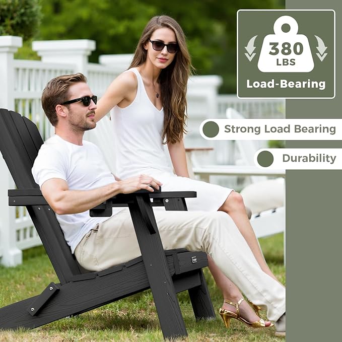 Folding Adirondack Chair Wood Texture 4 Pack, HDPE All-Weather Fire Pit Chairs, Plastic Adirondack Chairs with 2 Cup Holder, Outdoor Lawn Chair for Patio Garden (Black)