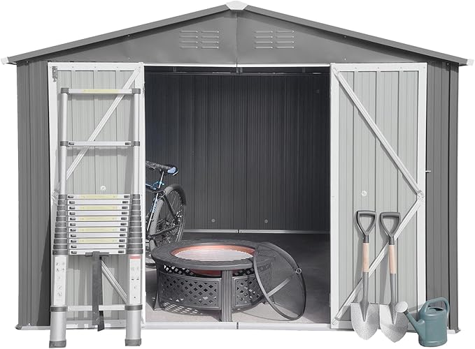 10x12 FT Metal Outdoor Storage Shed & Double Hinged Large Door - Heavy-Duty Shed with Floor, Lockable & Ventilation - Rainproof Windproof Large Utility Garden Shed for Backyard Patio Lawn - Light Gray