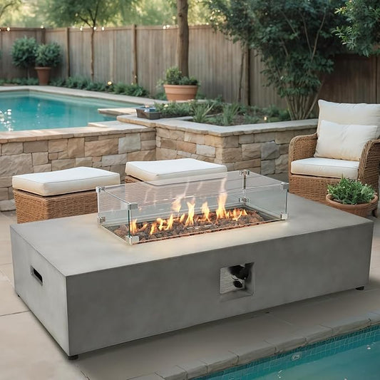 2-Piece 54" Outdoor Propane Fire Pit Table Set, 50,000 BTU Rectangle Concrete Gas Fire Pit Coffee Table W Glass Wind Guard, Lava Rocks, Waterproof Cover for Patio, Backyard, Garden, Porch, Deck