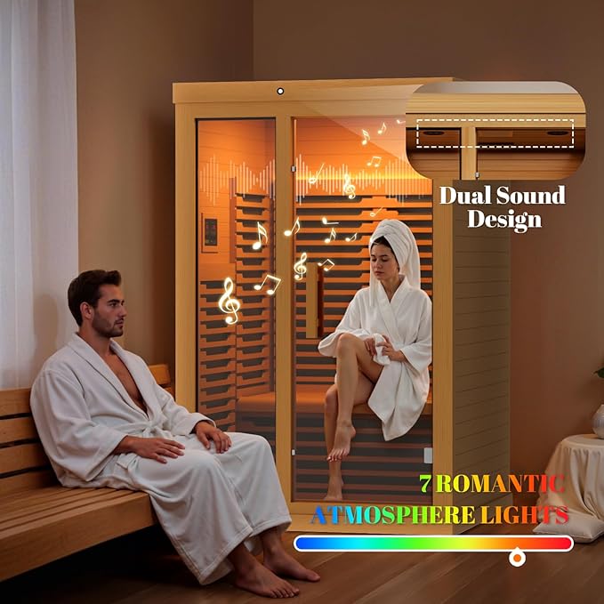Far Infrared Wooden Sauna Low EMF- 2 Person Personal Sauna for Home Use, Full Spectrum Infrared Sauna, Dual Tempered Glass & Bluetooth Speakers - Indoor Sauna 2000W, Brown