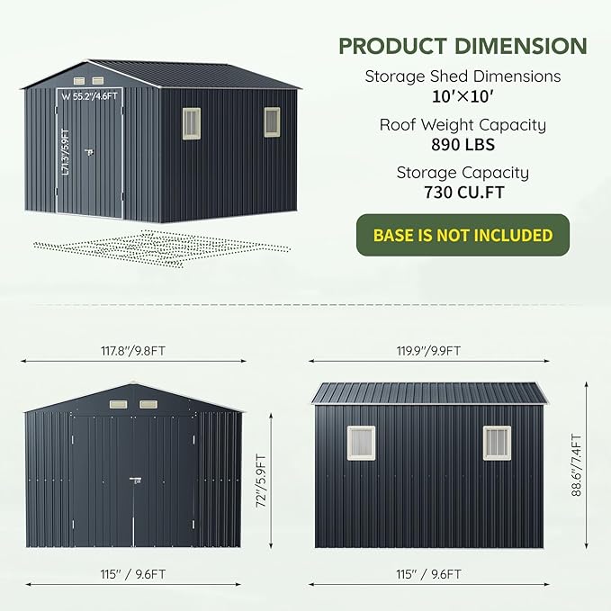 10x10 FT Outdoor Metal Storage Shed, Double Swing Doors, 2 Clear Windows,Tool Shed for Garden, Patio, Backyard Nightblue