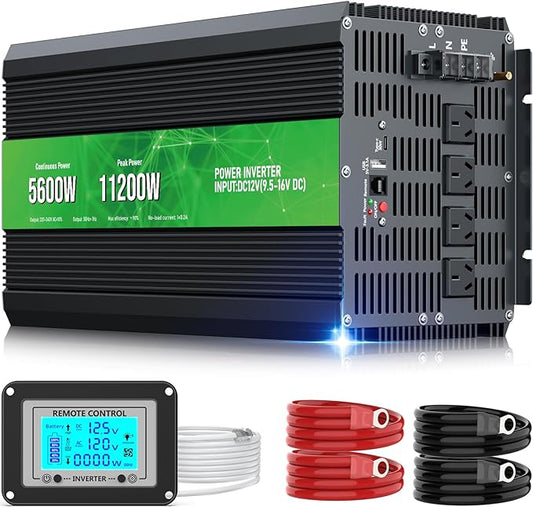 5600W Power Inverter,Peak Power 11200W 12V DC to AC 110120V,Remote Control with 4AC Outlets and3.1USB Port,LCDDisplay