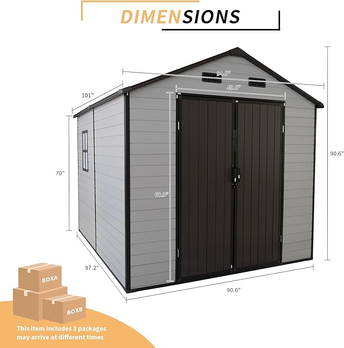 LANTRO JS Outdoor Storage Shed, 8x8x7.6FT Plastic Storage Shed with 2 Windows and Strong Aluminum Frame for Garden Tools, Bike, Lawnmower, White and Brown
