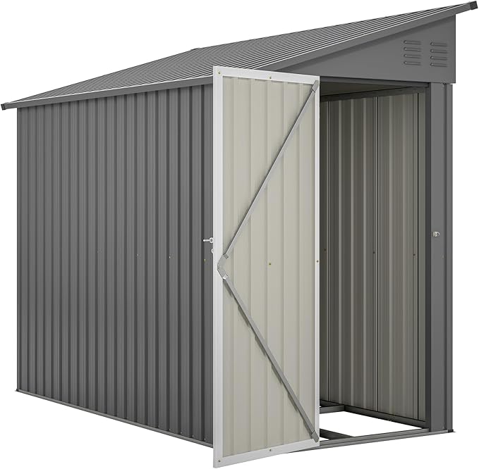 4×8 FT Lean to Metal Shed,Outdoor Heavy-Duty Storage Shed with Floor Base,All Weather Waterproof Garden Tool House W/Lockable Door&2 Air Vents,Reversible Door Design,for Backyard,Patio,Lawn,Gray