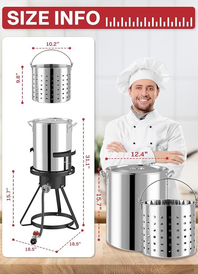 30QT Outdoor Turkey Fryer Set | Stainless Steel | Cover & Basket Included | 50,000BTU Propane Gas Burner | Seafood Boil Pot | Perfect Outdoor Cooker for Turkey, Crawfish, Crab, Shrimp & Lobster