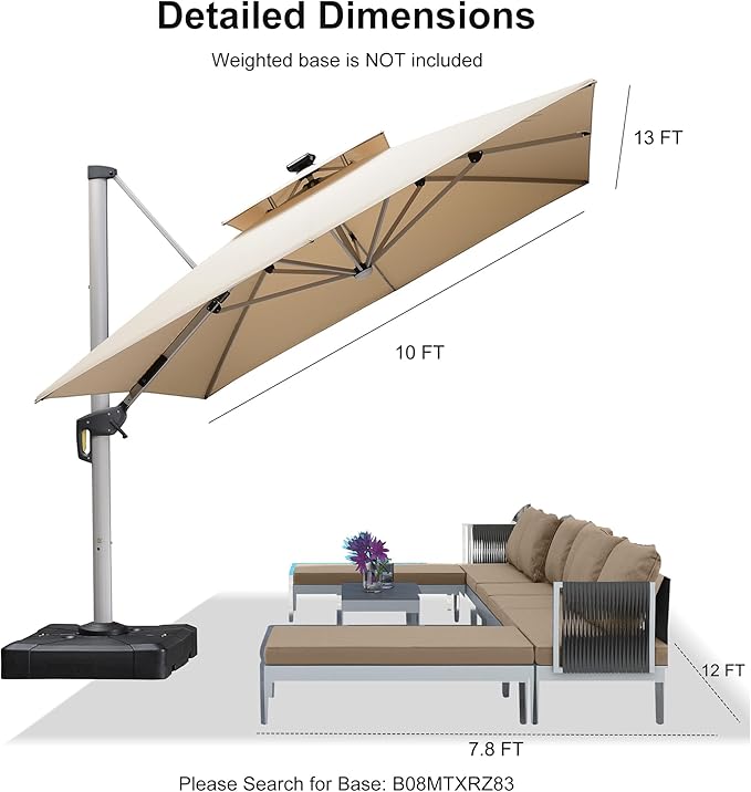 PURPLE LEAF 10' X 13' Double Top Deluxe Solar Powered LED Rectangle Patio Umbrella Offset Hanging Umbrella Outdoor Cantilever Umbrella, Beige