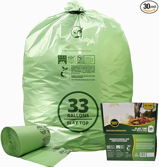 30-33 Gallon Compostable Trash Bags with Flat-Top, Heavy Duty Extra Thick 1.57 Mil, 124.92 Liter, 30 Bags, Large Lawn and Yard Waste Bag, ASTM D6400, US BPI and OK Compost Home Certified