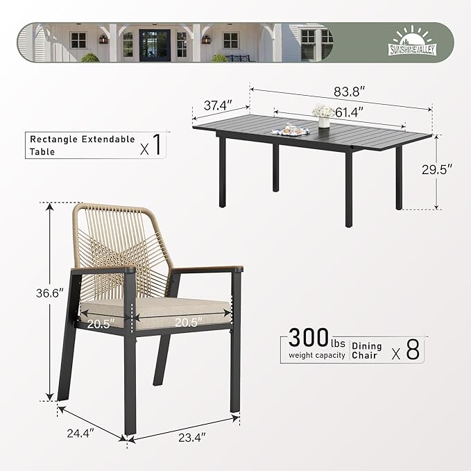 9 Pieces Patio Dining Set, 8 x Woven Rattan Chairs with Waterproof Cushion, 84" Extendable Rectangular Dining Table, Outdoor Table and Chairs Set for Backyard Lawn and Deck, Beige
